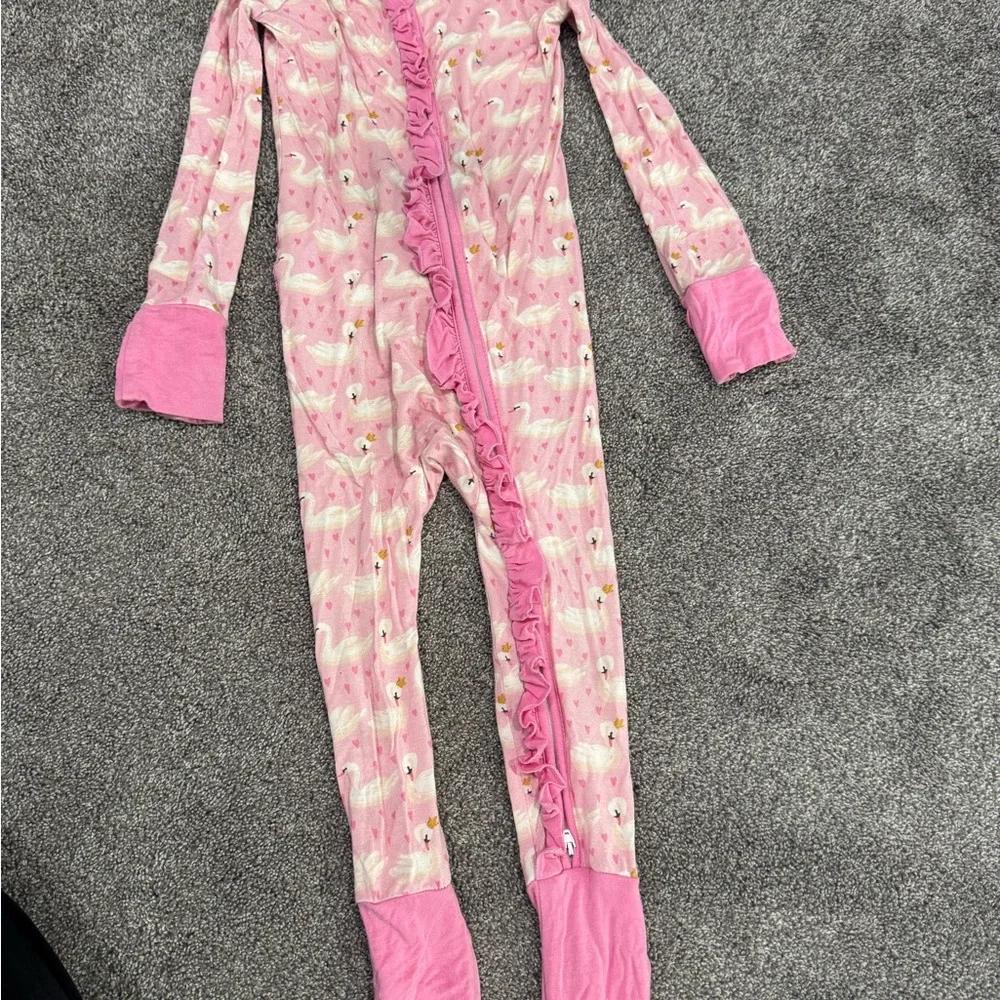 Pink Swan Print Kids One Piece convertible footie bamboo